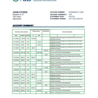 Afghanistan International Bank (AIB) bank statement template in Excel and PDF format download template file