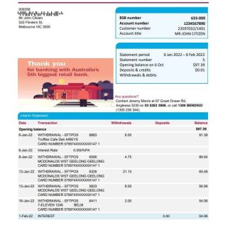 Australia Bendigo bank statement easy to fill template in Excel and PDF format, 2 pages download template file
