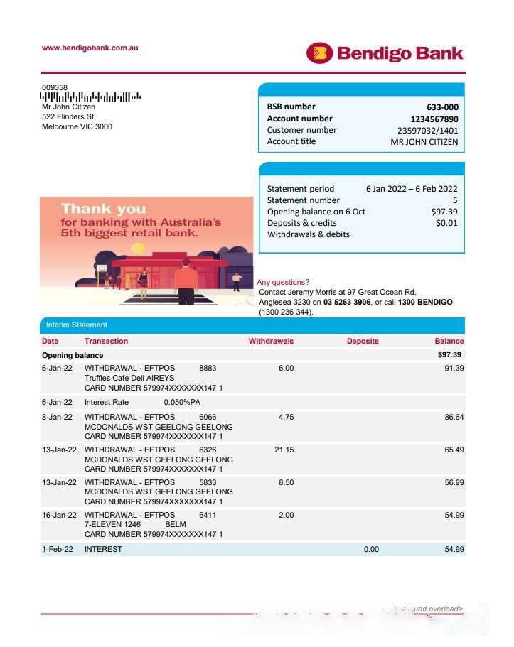 Australia Bendigo bank statement easy to fill template in Excel and PDF format, 2 pages download template file