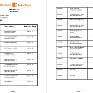 India Bank of Baroda mPassbook bank transaction statement, 4 pages download template file
