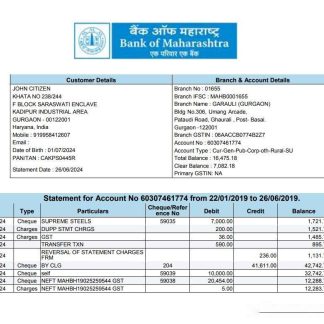 INDIA BANK OF MAHARASHTRA bank statement template, Word and PDF format download template file