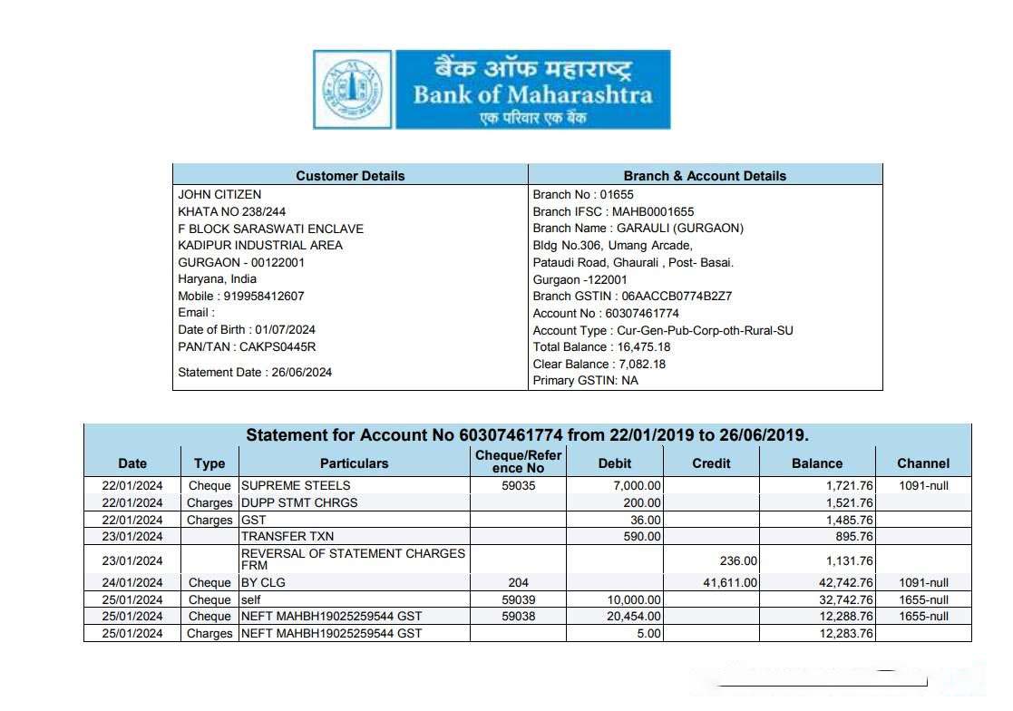 INDIA BANK OF MAHARASHTRA bank statement template, Word and PDF format download template file