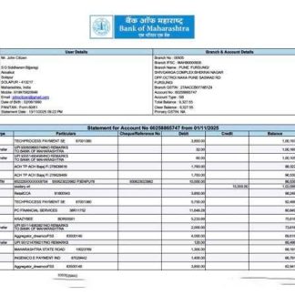 India Bank of Maharashtra statement for account Word and PDF template download template file
