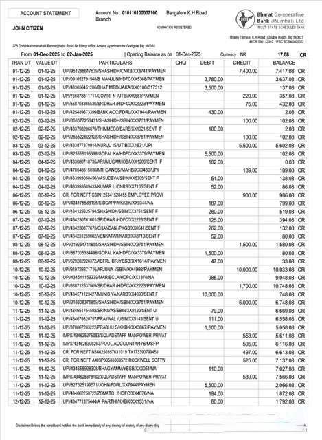 India Bharat Co operative Bank account statement Word and PDF template download template file