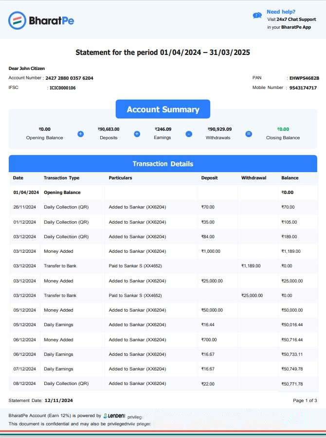 INDIA BHARATPE bank statement template, Word and PDF format download template file