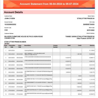 India Bob Bank of Boroda statement Word and PDF example download template file