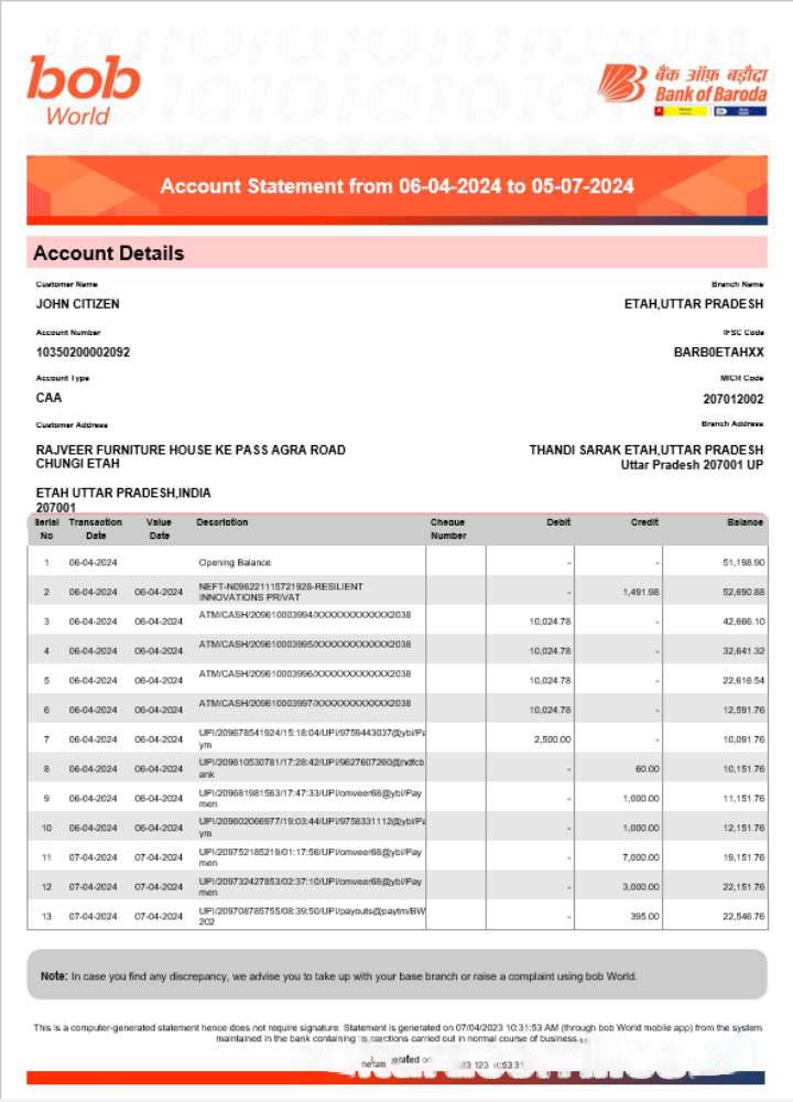 India Bob Bank of Boroda statement Word and PDF example download template file