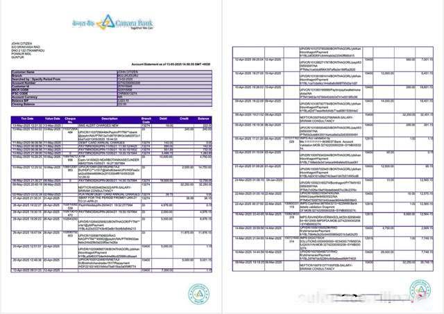 India Canara Bank account statement Word and PDF template, 2 pages download template file