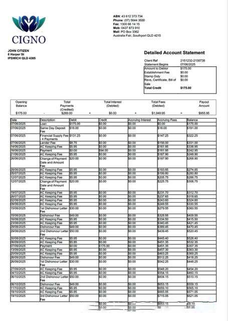 Australia Cigno account statement Word and PDF template download template file
