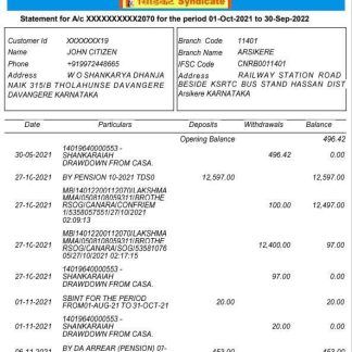 India Canara bank statement template, Word and PDF format, 5 pages, version 2 download template file