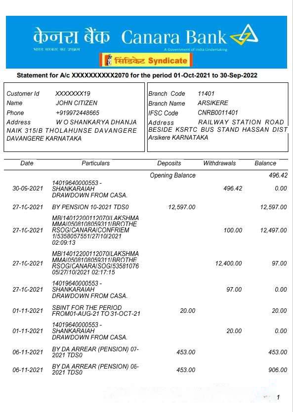 India Canara bank statement template, Word and PDF format, 5 pages, version 2 download template file