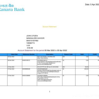 INDIA CANARA bank statement template, Word and PDF format, version 3 download template file