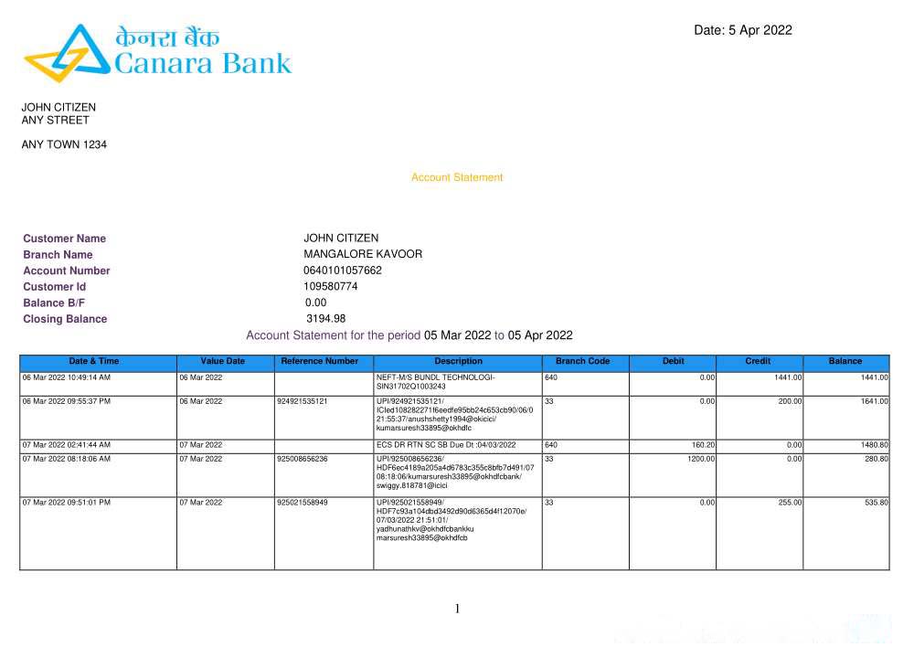 INDIA CANARA bank statement template, Word and PDF format, version 3 download template file
