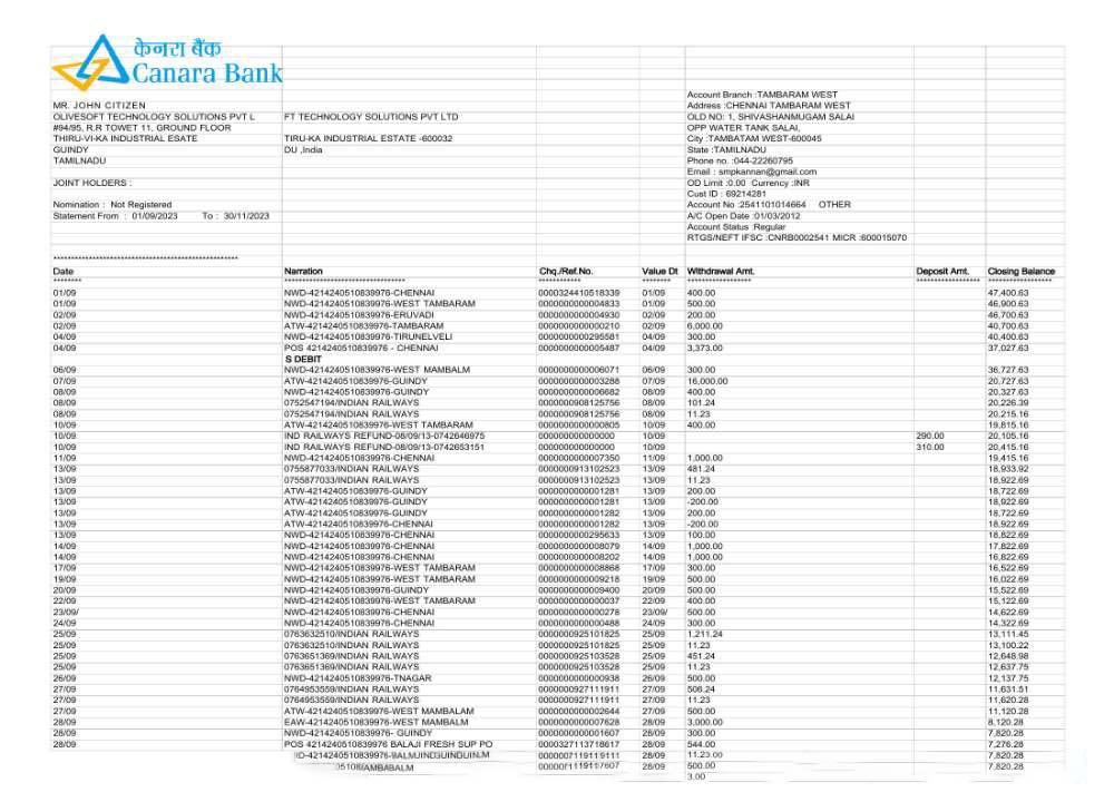 India Canara Bank statement Word and PDF template, 3 pages scr download template file