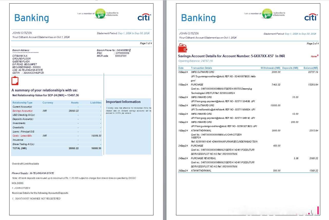 India Citibank bank statement, 6 pages, 1 2 scr download template file