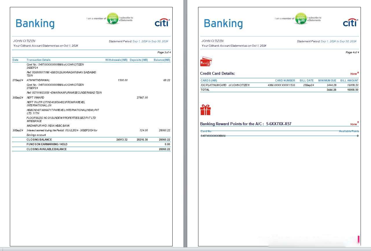 India Citibank bank statement, 6 pages, 3 4 scr download template file
