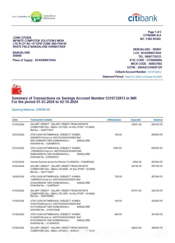 INDIA CITIBANK bank statement template, Word and PDF format download template file
