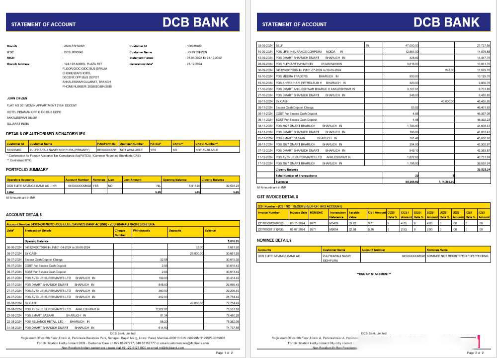 India DCB bank statement Word and PDF template, 2 pages download template file