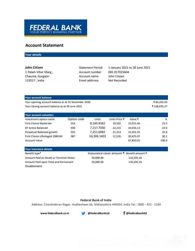 India Federal Bank statement easy to fill template in .xls and .pdf file format download template file