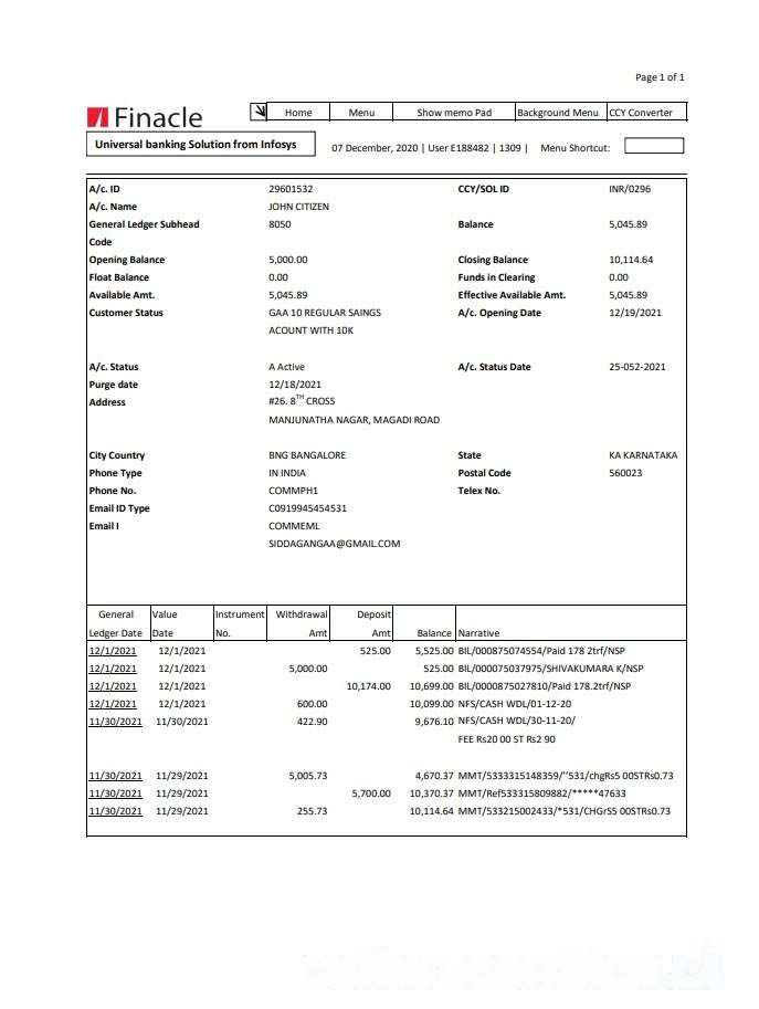 India Finacle bank statement easy to fill template in Excel and PDF format download template file
