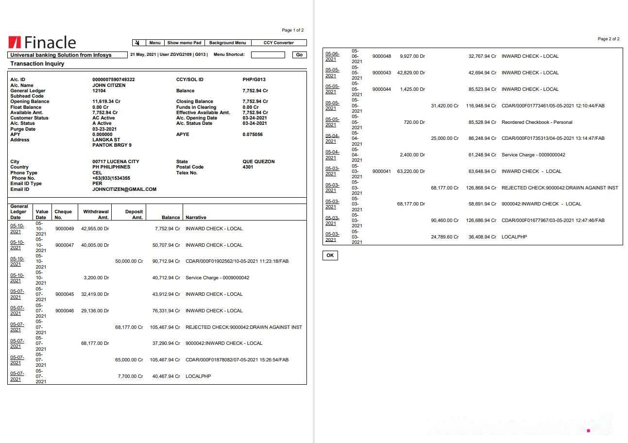 India Finacle bank statement in Word and PDF format (2 pages) download template file