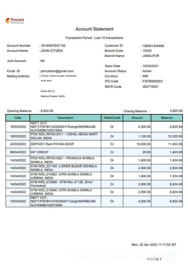 India Fincare bank statement download template file