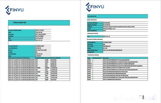 India Finvu Bank Ltd. account statement Word and PDF template, 2 pages download template file