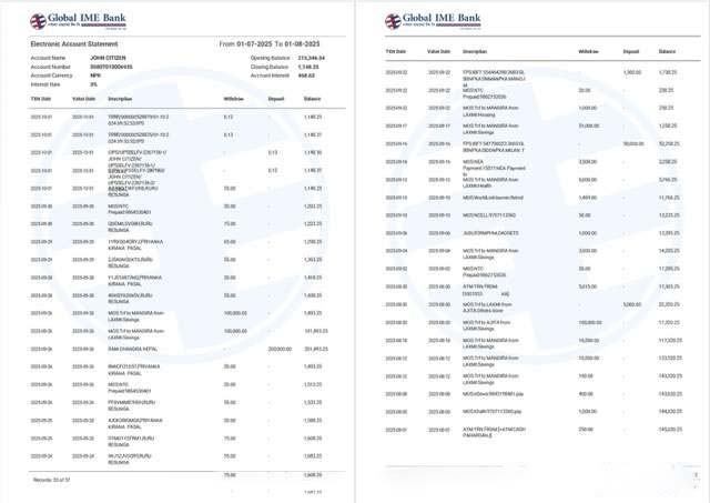 India Global Ime Bank account statement Word and PDF template, 2 pages download template file