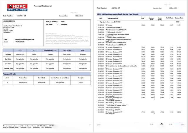 India HDFC Bank account statement Word and PDF template, 2 pages, version 2 download template file