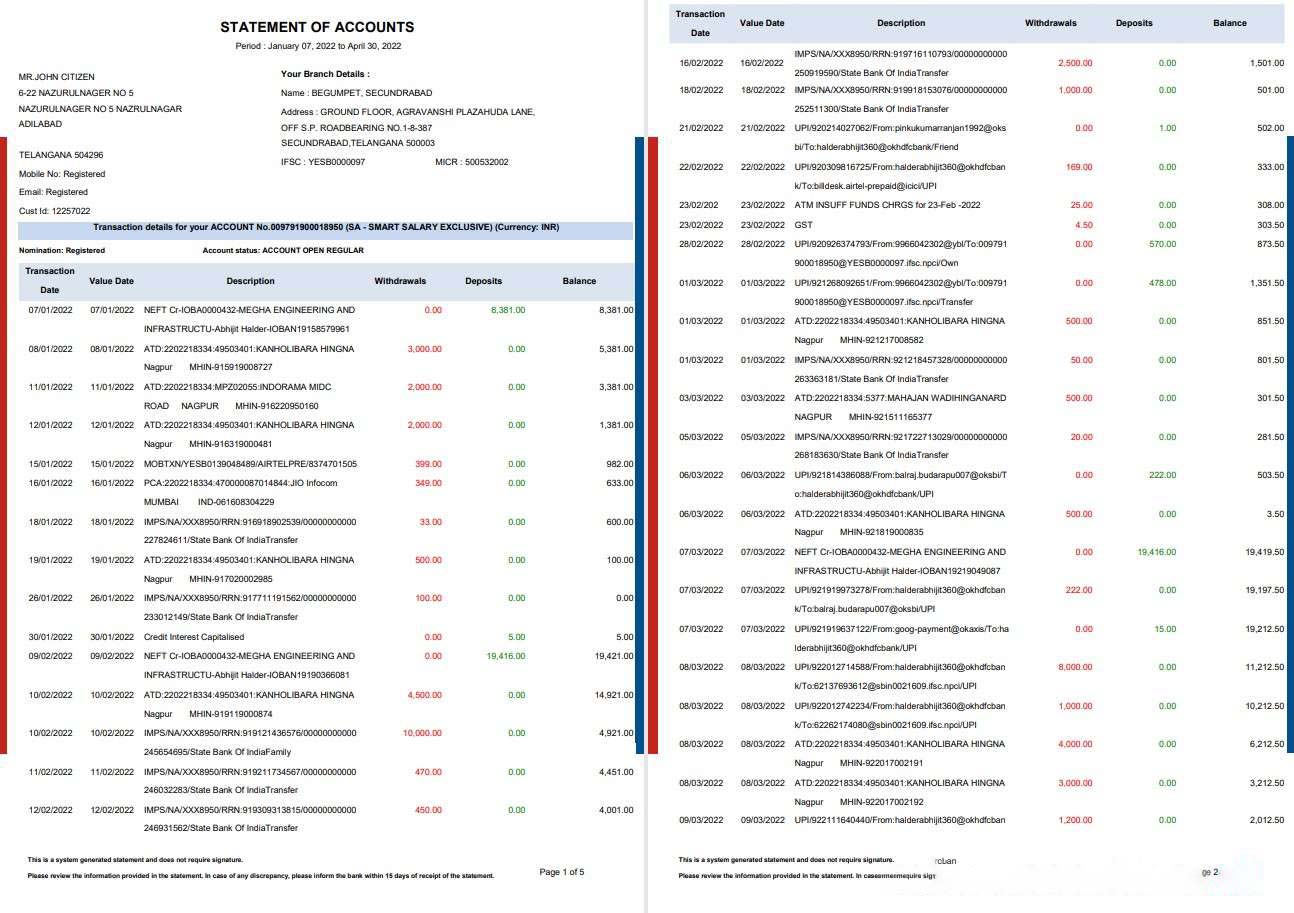 India HDFC bank statement 5 pages download template file