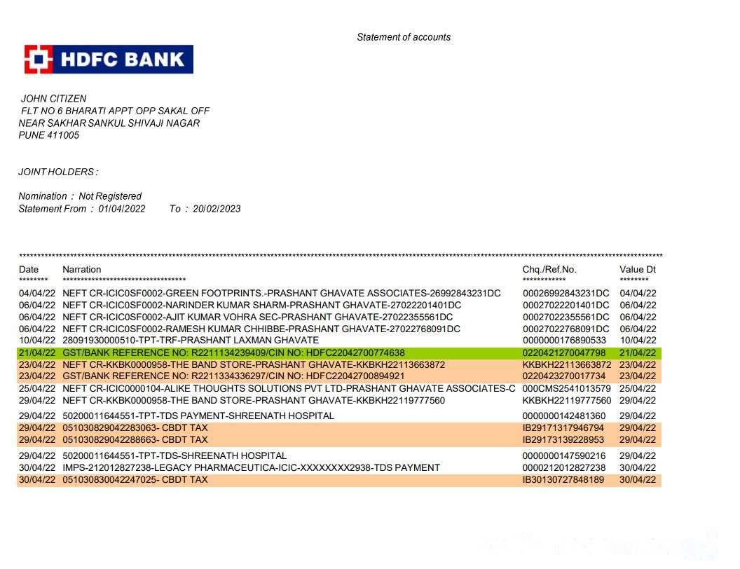 India HDFC bank statement template, Word and PDF format, 2 pages, version 2 download template file