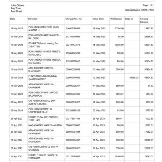 India HDFC Bank statement template, Word and PDF format download template file