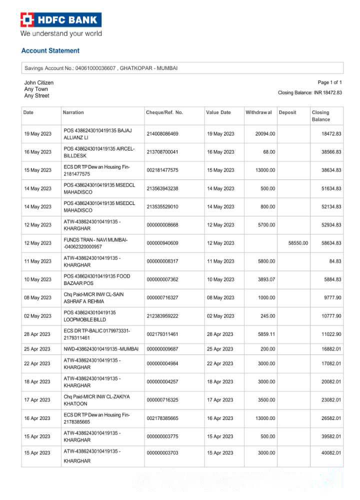 India HDFC Bank statement template, Word and PDF format download template file