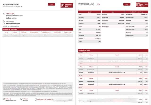 India IDFC First Bank Limited account statement Word and PDF template, 2 pages download template file