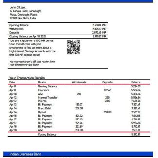 India Indian Overseas Bank statement download template file