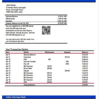 India Indian Overseas Bank statement template, Word and PDF format download template file
