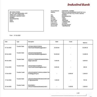 India IndusInd Bank account statement Word and PDF template download template file