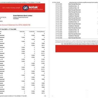 India Kotak Mahindra Bank account statement Word and PDF template, 2 pages download template file