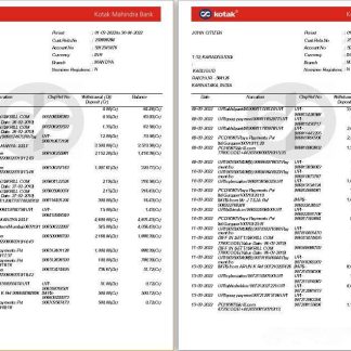 India Kotak Mahindra bank statement template, Word and PDF format, 7 pages download template file