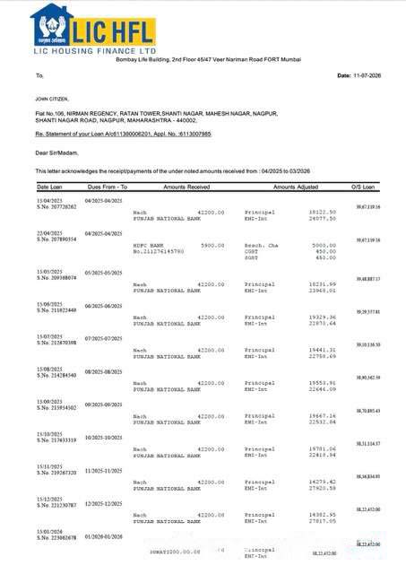 India LIC Housing Finance statement of account Word and PDF template download template file
