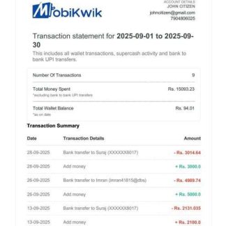 India MobiKwik transaction statement Word and PDF template download template file