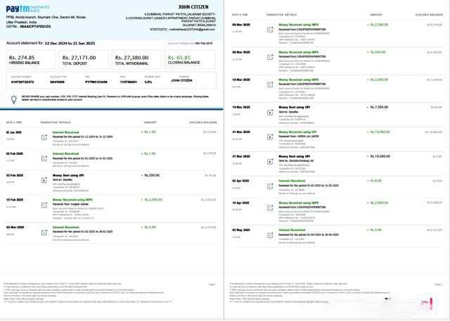 India PayTM Payments Bank account statement Word and PDF template, 3 pages, 1 2 pages download template file