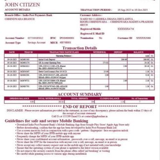 India Post Payments Bank account statement Word and PDF template download template file