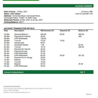 India Punjab and Sind Bank statement download template file