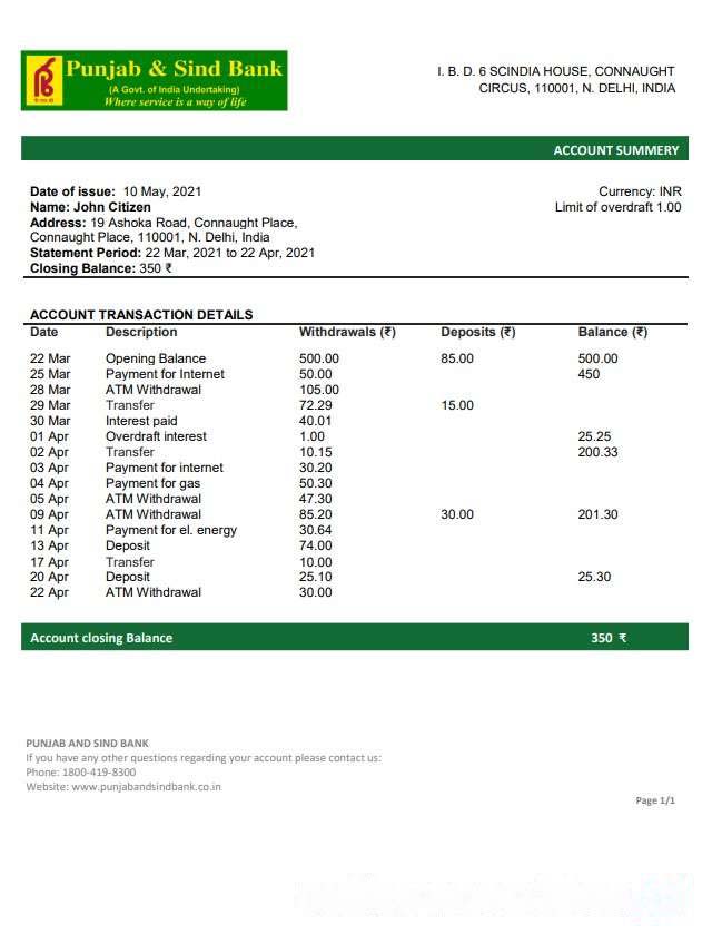 India Punjab and Sind Bank statement download template file