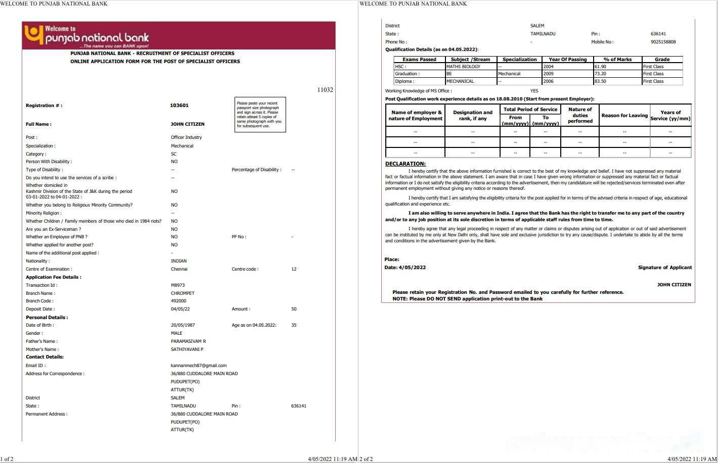 India Punjab National Bank statement Word and PDF template, 2 pages download template file