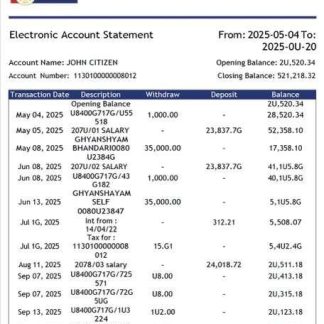 India RBB Smart Bank electronic account statement Word and PDF template download template file