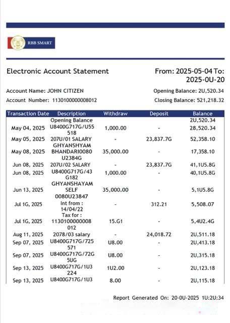 India RBB Smart Bank electronic account statement Word and PDF template download template file