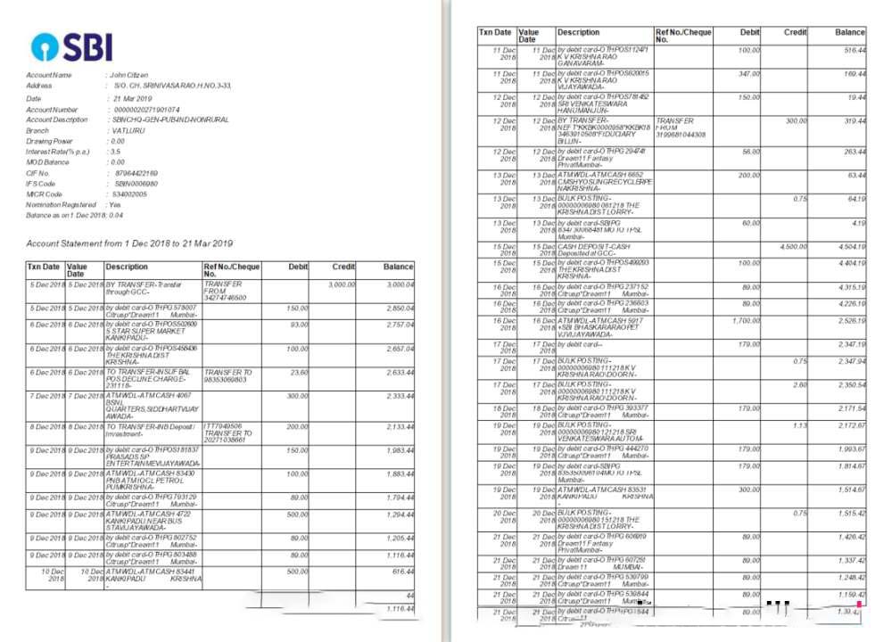 India SBI bank statement Word and PDF template, 2 pages download template file