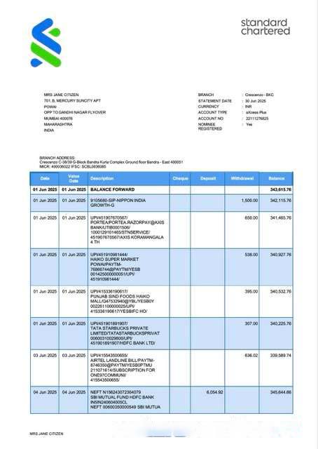 India Standard Chartered Bank account statement Word and PDF template, version 3 download template file